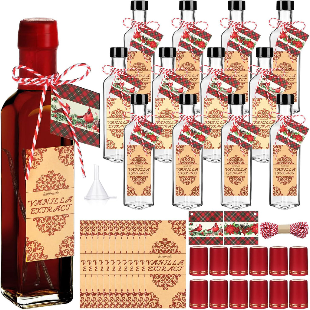 Tioncy 12 Set Vanilla Extract Bottles for Homemade 8.5 oz Glass Vanilla Jar Bottle for Syrup Gifts with Cap Shrink Band Hummingbird Tag Stickers Syrup Gifts Giving for Christmas (Clear)