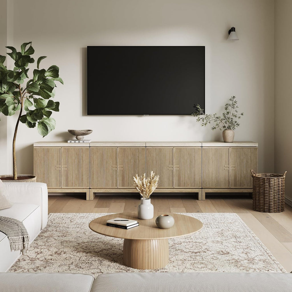 BELLEZE Set of 4 Anton Sideboard Buffet Cabinet - Travertine Greige | Fluted Reeded Door,Travertine-Look Top,Adjustable Shlef,Living Room Dining Room Entryway
