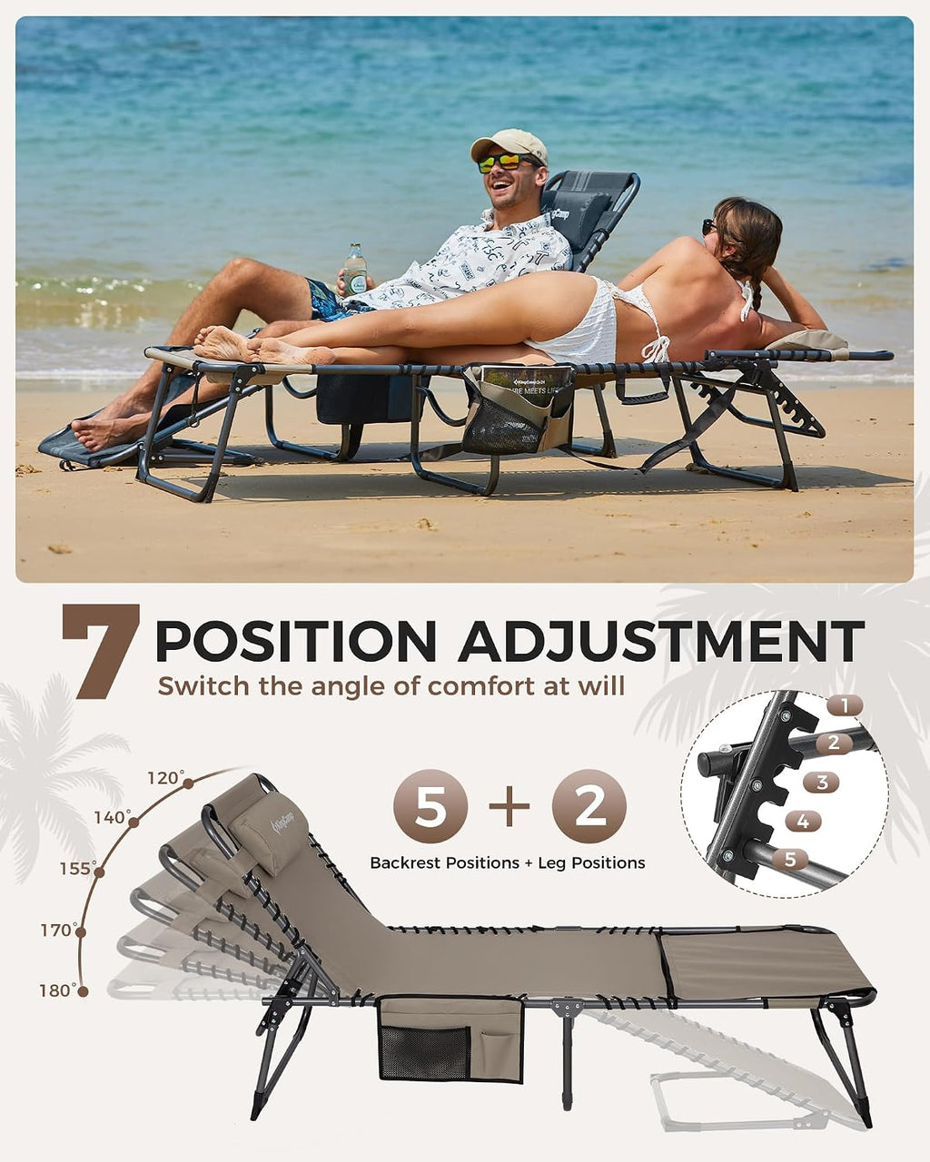 KingCamp Folding Chaise Lounge Chair,Heavy Duty Adjustable 5-Position Outdoor Tanning Sunbathing Lay Flat Chair for Beach, Camping, Lawn & Patio with Pillow, Beige