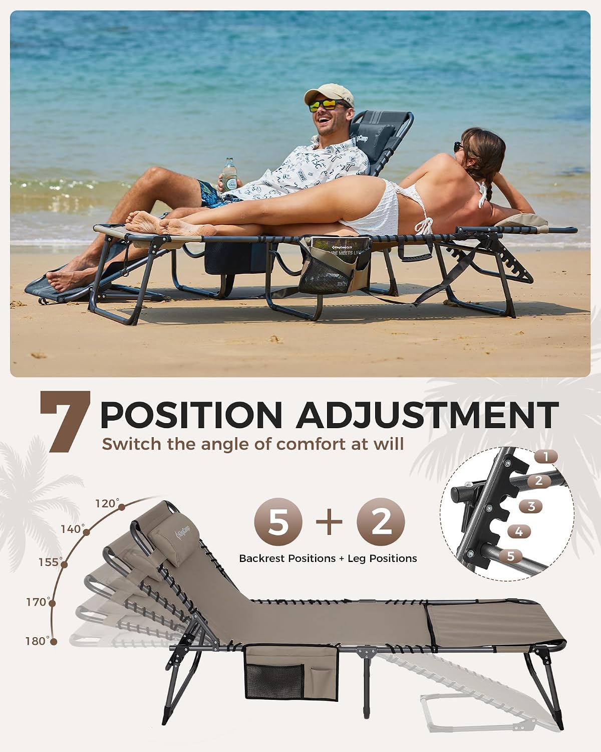 KingCamp Folding Chaise Lounge Chair,Heavy Duty Adjustable 5-Position Outdoor Tanning Sunbathing Lay Flat Chair for Beach, Camping, Lawn & Patio with Pillow, Beige