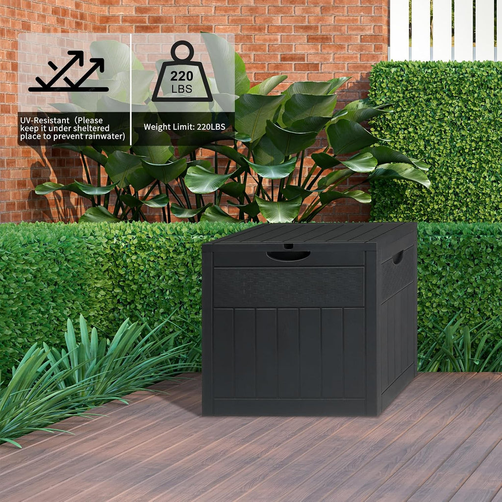 Dark Gray 33 Gal Wood & Rattan Plastic Storage Bench, Outdoor Deck Box, Patio Storage Box for Garden Cushions Tools, Garden Tool Storage Pool Accessory Holder Cushions Lid Side Table Function
