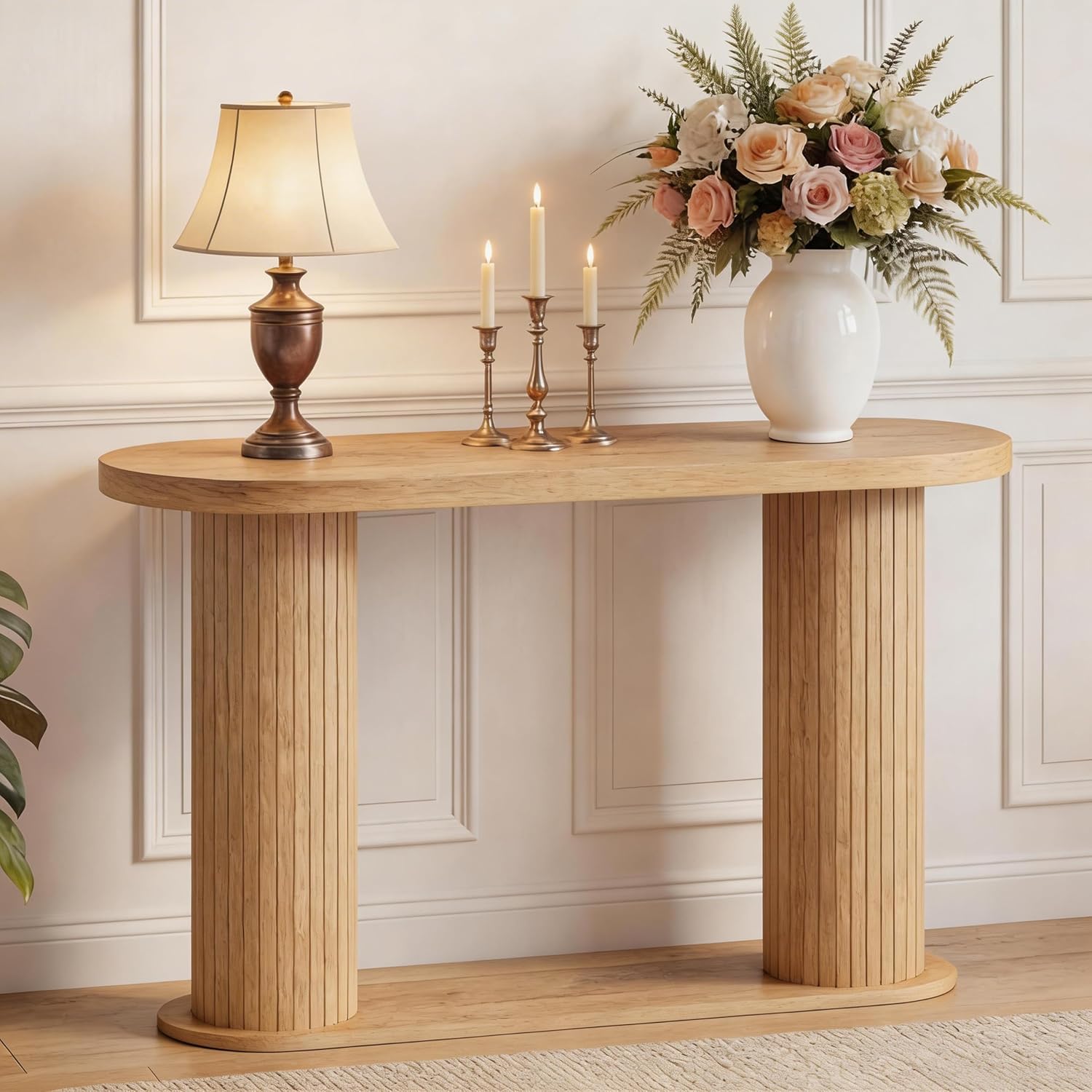 Garvee Fluted Console Table, 42.5 Inch Narrow Wood Entryway Table with Storage Shelf, Sofa Table Behind the Couch, for Hallway, Living Room, Foyer, Entrance, Natural Oak