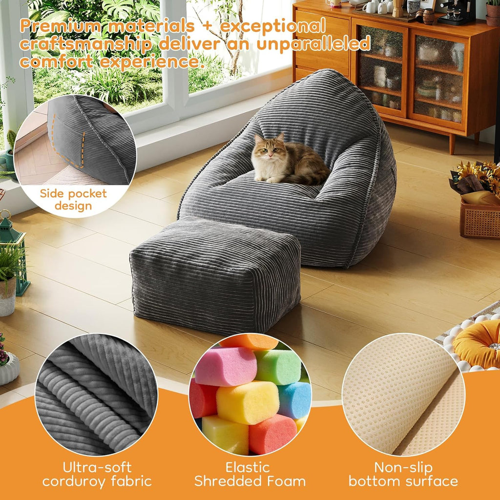 Cloud Large Bean Bag Chair with Ottoman, Corduroy Fabric+35D Memory Foam Big Beanbag Chair for Adults,Lounger Chairs Sofa Boneless Puff Chair for Living Room (Gray)