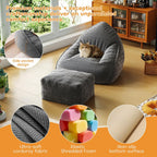 Cloud Large Bean Bag Chair with Ottoman, Corduroy Fabric+35D Memory Foam Big Beanbag Chair for Adults,Lounger Chairs Sofa Boneless Puff Chair for Living Room (Gray)