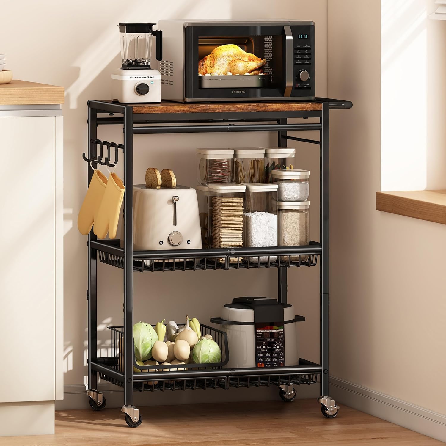 Microwave Kitchen Cart with Push Handle, 3 Tier Rolling Cart with 2 Lockable Wheels, Vintage Kitchen Storage Cart with 210Lbs Capacity for Kitchen Island, Restaurant, Coffee Bar, Living Room, Office