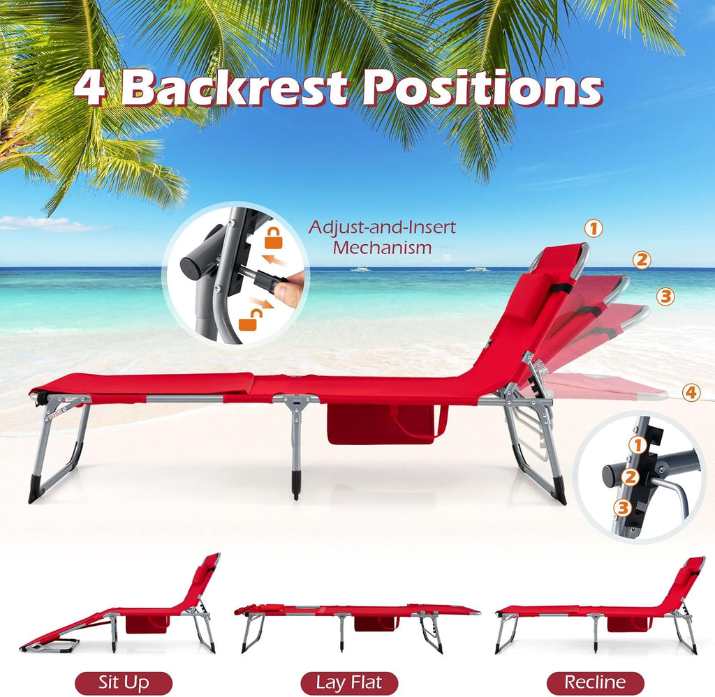 GYMAX Tanning Chair, 330LBS Beach Lounge Chair with Face Arm Hole & Hand Shoulder Strap, Folding Layout Sunbathing Chair, Face Down Outdoor Chaise Lounger for Patio, Poolside, Lawn, Backyard (1, Red)