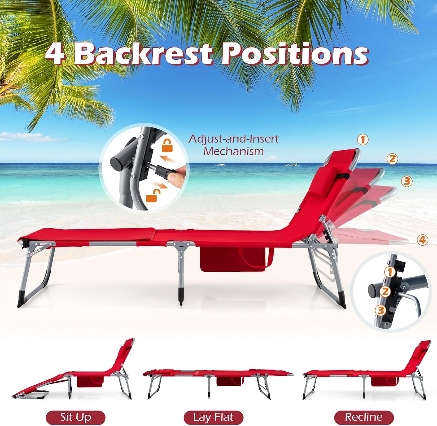 GYMAX Tanning Chair, 330LBS Beach Lounge Chair with Face Arm Hole & Hand Shoulder Strap, Folding Layout Sunbathing Chair, Face Down Outdoor Chaise Lounger for Patio, Poolside, Lawn, Backyard (1, Red)