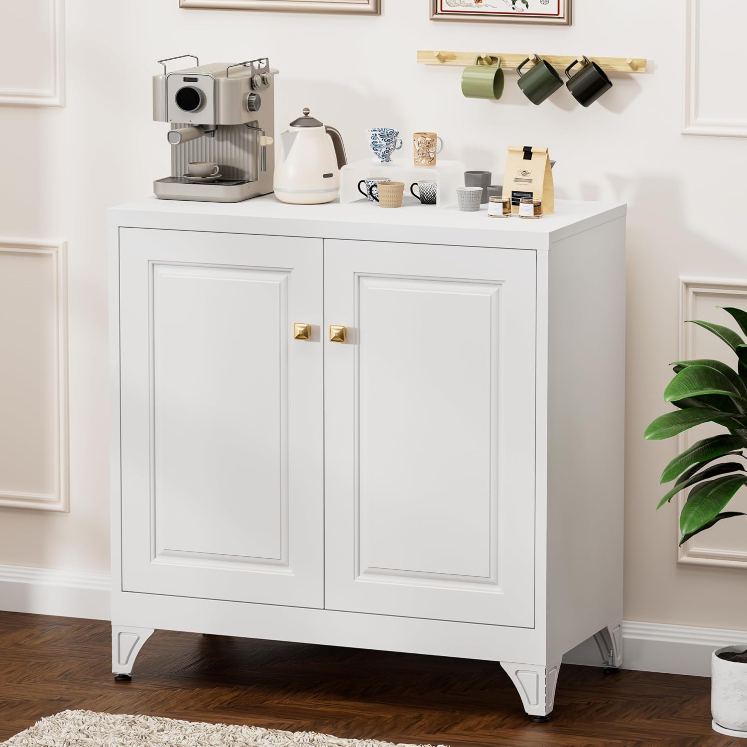 Polup Kitchen Buffet Table with Storage, 33" Tall Sideboard with Doors and Adjustable Shelves, Metal Buffet Cabinet, Modern Coffee Bar Console Cabinet for Living, Dining Room, White, Assemble Required