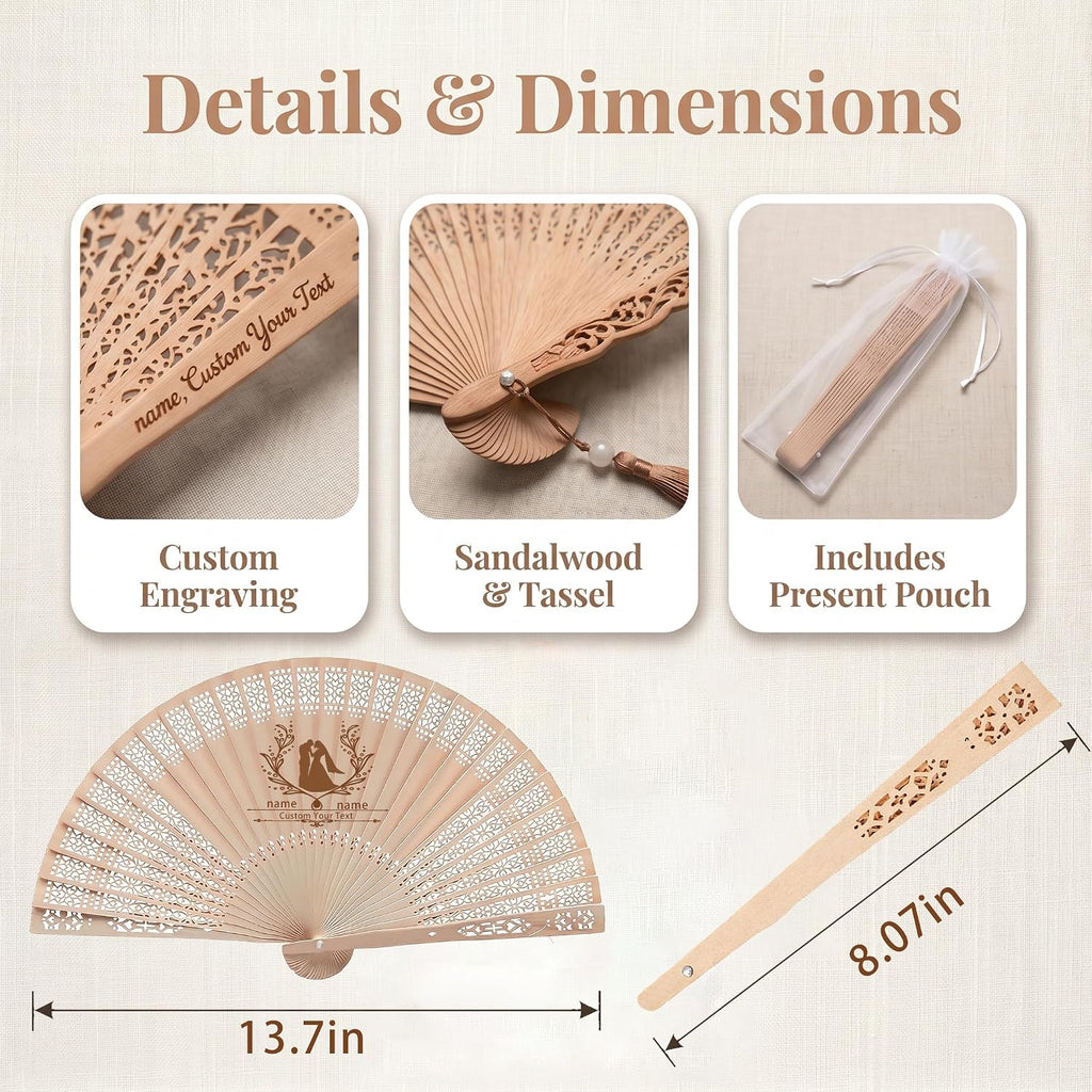 50Pcs Personalized Wooden Fans for Wedding Favors Bulks, Custom Fans for Wedding Guests, Bulk Handheld with Tassel and Yarn Bag, for Wedding Baby Shower Party Favors (50, A)