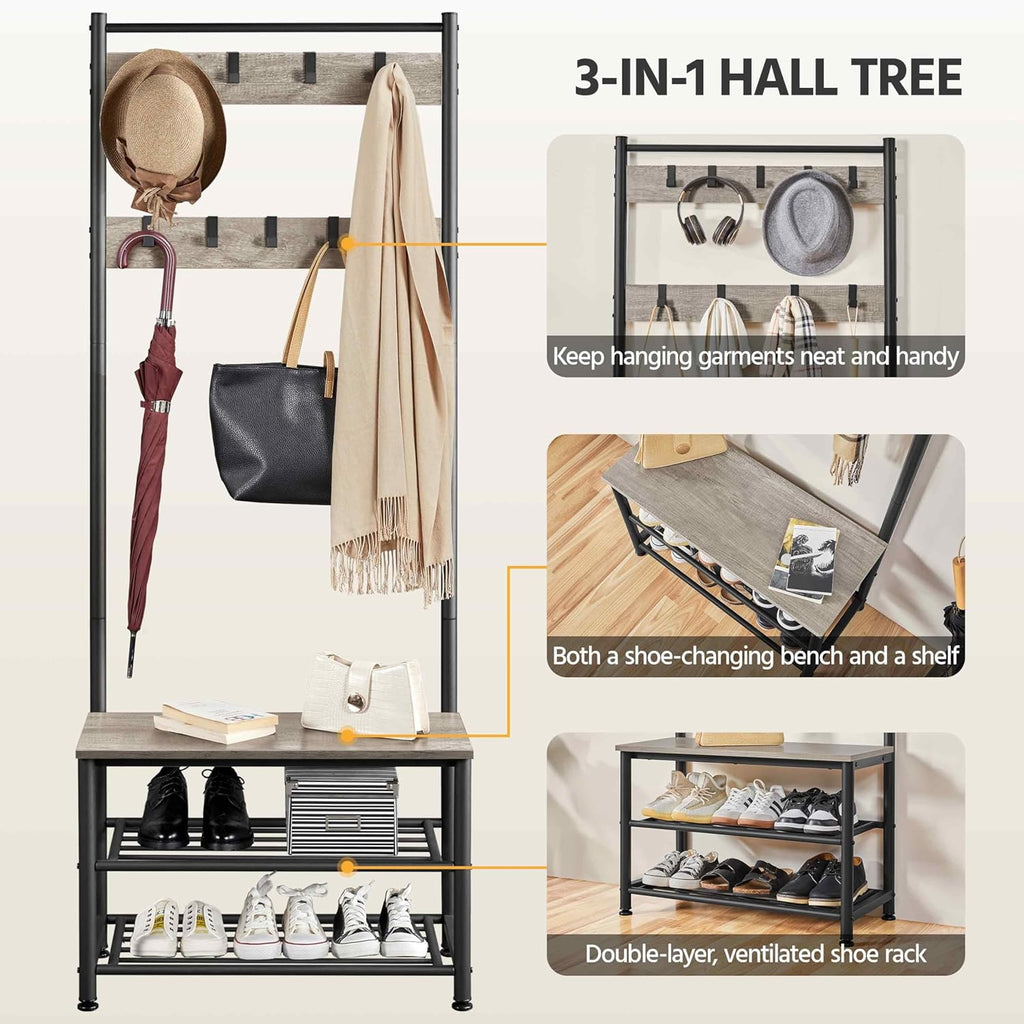 Yaheetech Coat Rack, Hall Tree with Shoe Bench, Entryway Shoe Storage with Coat Rack Stand, 9 Movable Hooks, Industrial Entryway Furniture, Gray