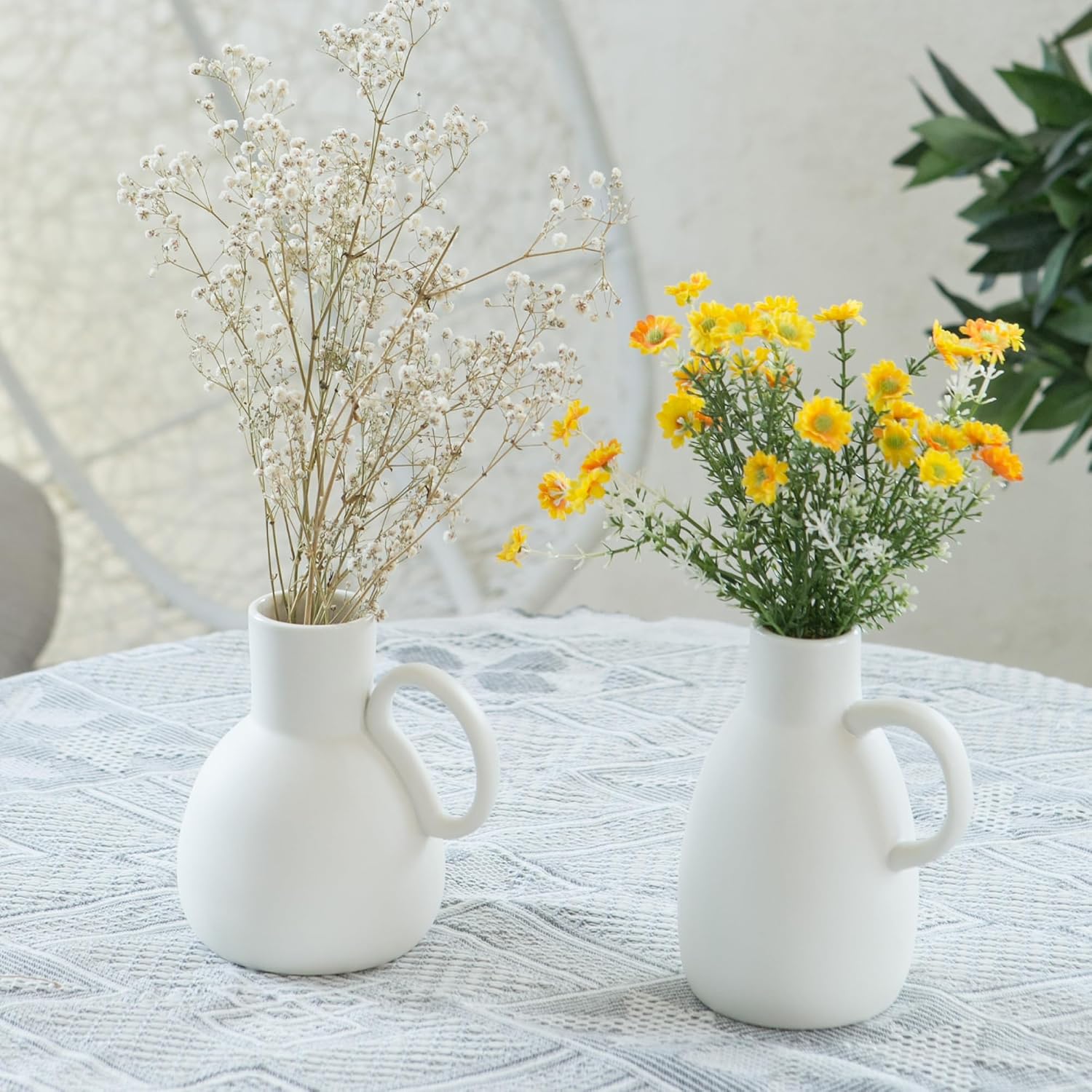 Tanvecle White Ceramic Vase Set - 2 Small Vases with Handle, Pottery Vases for Modern Home Decor, Minimalist Matte Pitcher for Fowers, Decorative Clay Vase Centerpiece Dining Table Decorations