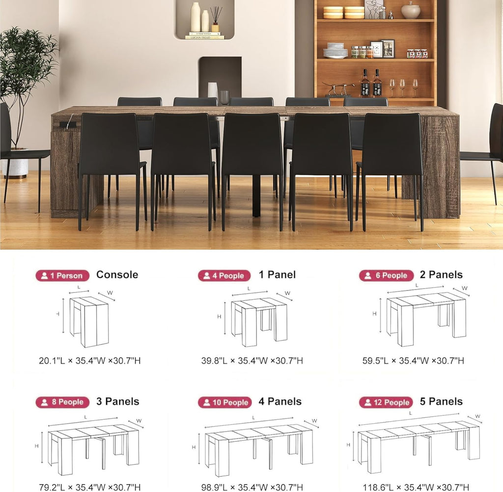 Extendable Dining Table with Storage, Transformer Extra Console Table for 1-12 People, Folding Space Saving Dining Room Table with Built-in Outlet for Homes, Apartments, Oak