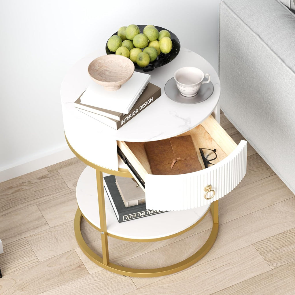 SUNBURY 19.7" Round Side Table with Drawer, Modern Faux Marble End Table with Open Storage Shelf, Gold Metal Frame Sofa Table for Living Room, Office, and Small Spaces, White & Gold