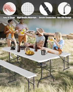 Folding Table Set with 2 Benches, 6 FT Picnic Table and Bench Set, 3- Piece Foldable Camping Tables Sets for Indoor & Outdoor, Portable Plastic Tables Chairs for Party, Wedding, Event, BBQ