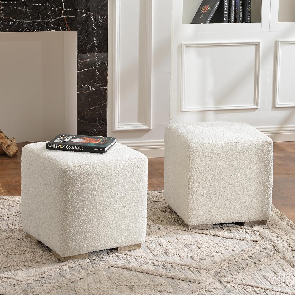KINWELL 18.5" Wide Modern Square Boucle Upholstered Ottoman with Solid Wood Legs Set of 2, Cube Ottoman Multi-Functional Sofa Footrest, Extra Seating for Living Room, Bedroom, Fully Assembled (White)