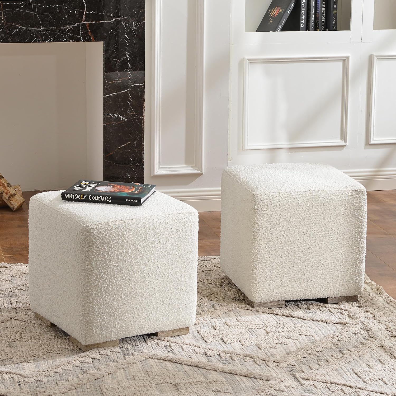 KINWELL 18.5" Wide Modern Square Boucle Upholstered Ottoman with Solid Wood Legs Set of 2, Cube Ottoman Multi-Functional Sofa Footrest, Extra Seating for Living Room, Bedroom, Fully Assembled (White)