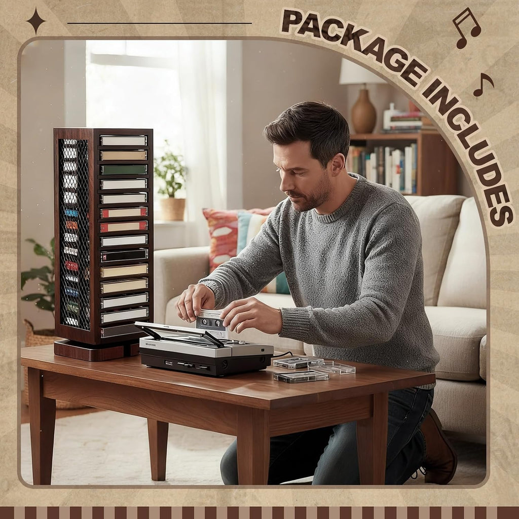 Ripeng Cassette Tape Holder, 28 Capacity 360° Rotating Double Sided Storage Rack, Rustic Brown Metal & Wood Display Shelf for Home, Music Studio