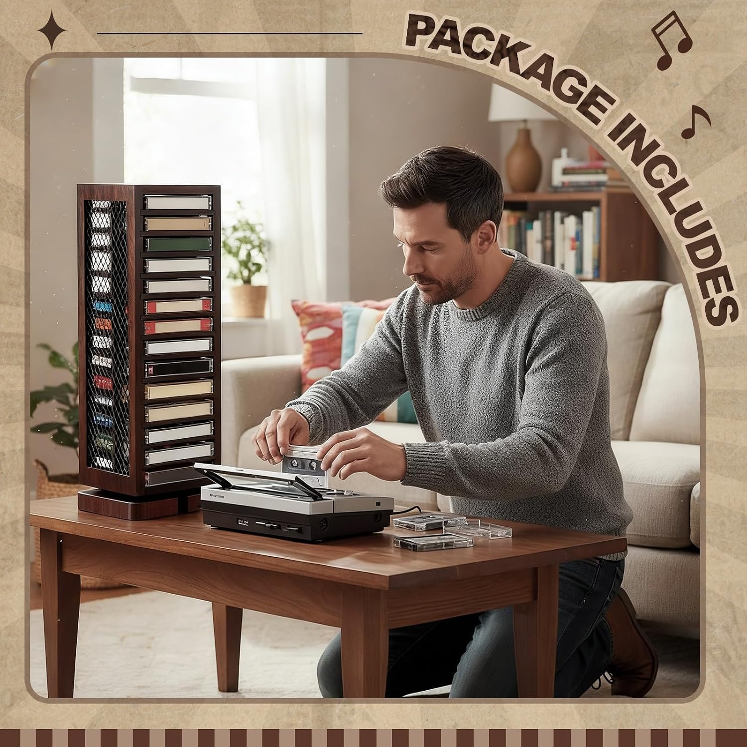 Ripeng Cassette Tape Holder, 28 Capacity 360° Rotating Double Sided Storage Rack, Rustic Brown Metal & Wood Display Shelf for Home, Music Studio