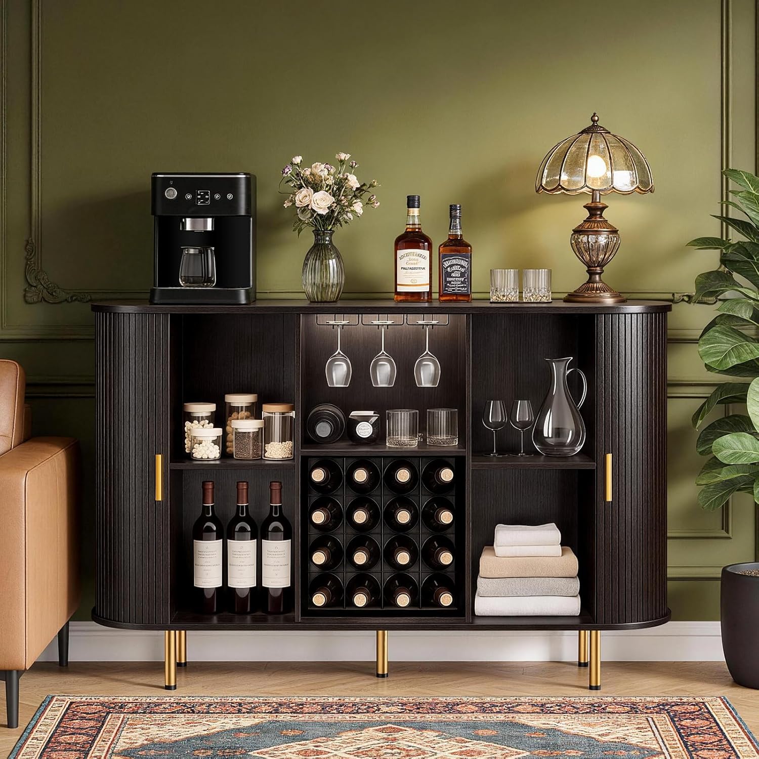 DHH 55" Wine Bar Cabinet with Storage, Fluted Liquor & Coffee Bar Cabinet with Wine Rack and Glass Holder, Buffet Sideboard with LED Lights for Home Kitchen Living Dining Room (Dark Walnut)