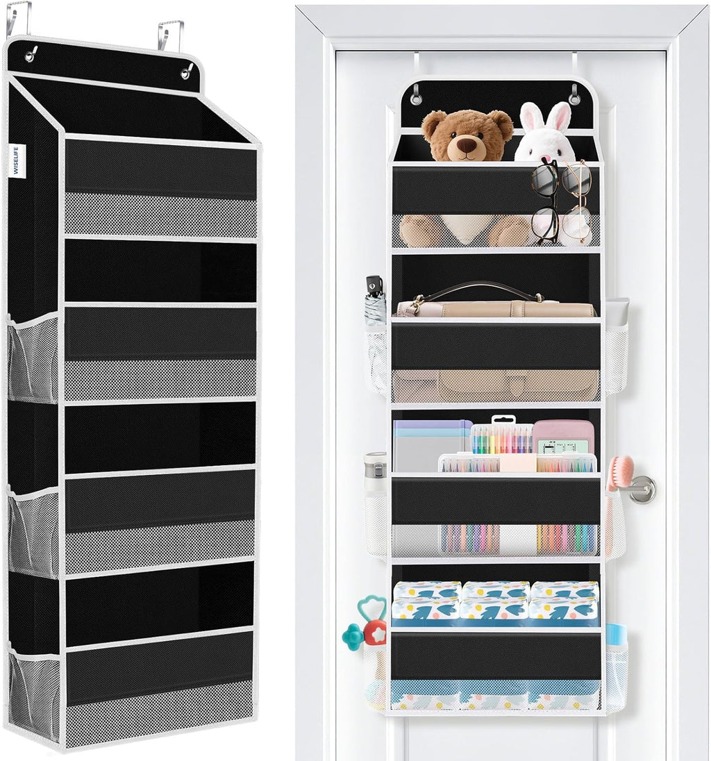 WISELIFE Over The Door Organizer Storage 4 Shelves Large Capacity Hanging Bedroom Storage Solution with 6 Side Pockets for Dorm Bathroom Pantry Nursery and Baby Essentials Holds up to 40 Lbs (Black)
