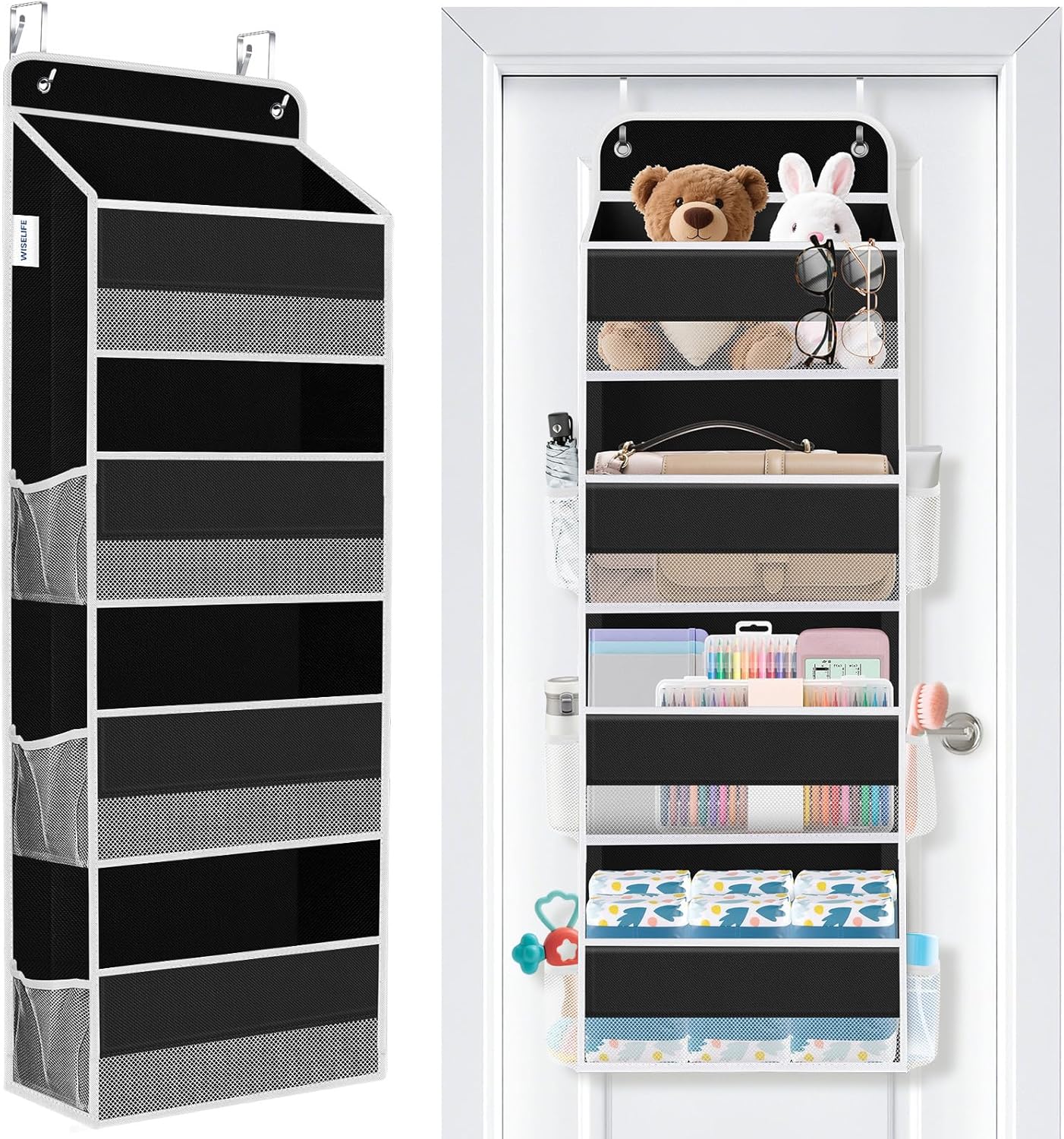 WISELIFE Over The Door Organizer Storage 4 Shelves Large Capacity Hanging Bedroom Storage Solution with 6 Side Pockets for Dorm Bathroom Pantry Nursery and Baby Essentials Holds up to 40 Lbs (Black)