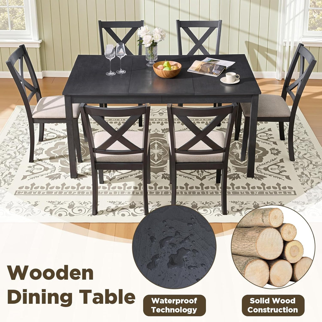 LUXOAK 7-Piece Solid Wood Dining Table Set, 60" Farmhouse Dining Table with 6 Chairs, Rectangular Table Set for 6, Kitchen & Dining Room Furniture, Grey & White