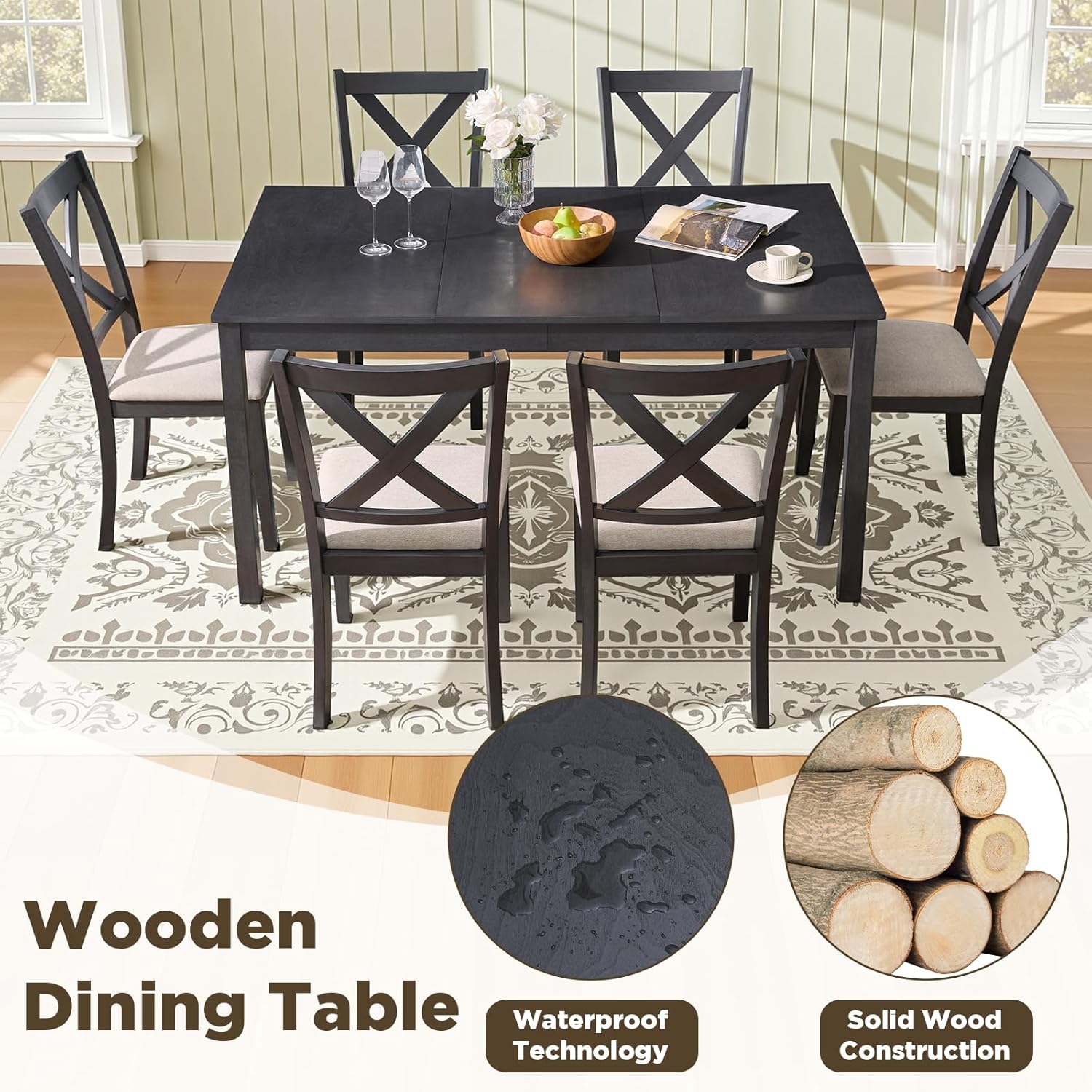LUXOAK 7-Piece Solid Wood Dining Table Set, 60" Farmhouse Dining Table with 6 Chairs, Rectangular Table Set for 6, Kitchen & Dining Room Furniture, Grey & White