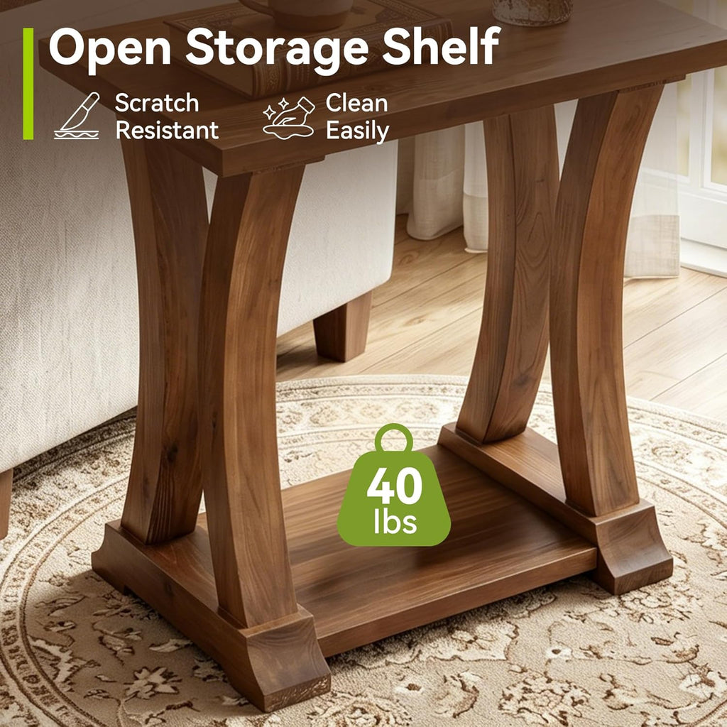 LITTLE TREE Solid Wood End Table, Narrow Side Table with Lower Storage Shelf, Rustic Accent Sofa Side Table for Living Room, Bedroom, Small Space