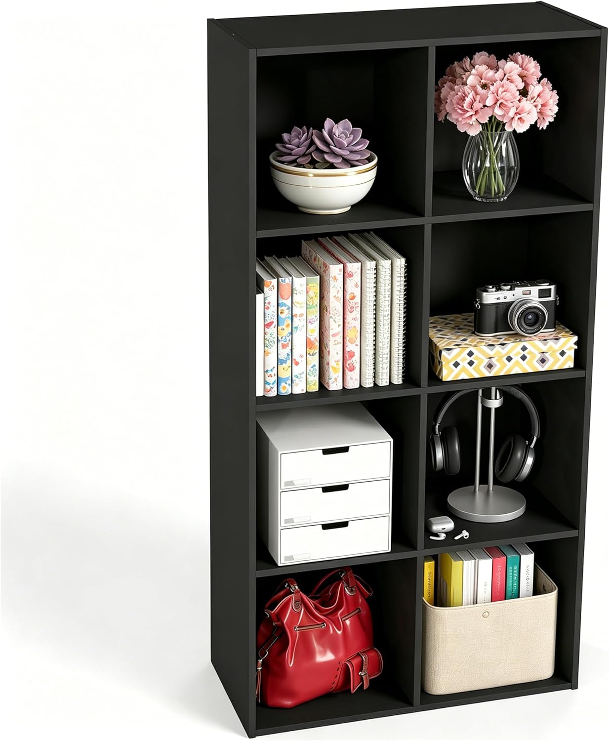 HealSmart 8 Cube Storage Organizer, 4 Tier Stackable Bookshelf, Open Cube Bookshelf with 4 Removable Back Panels, Suitable for Living Room, Bedroom, Home Office, 47.7" L X 11.6" W X 24" H, Black