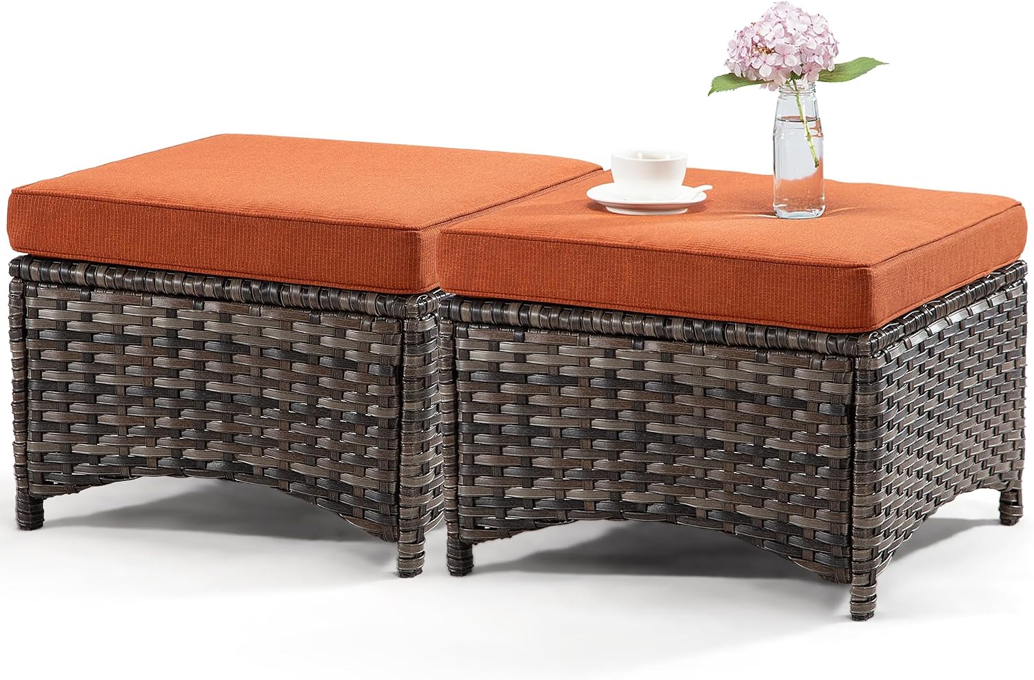 Outdoor Ottomans for Patio Set of 2 PE Wicker Steel Frame Outdoor Footstool with Removable Olefin Cushions for Patio, Backyard and Deck, Orange