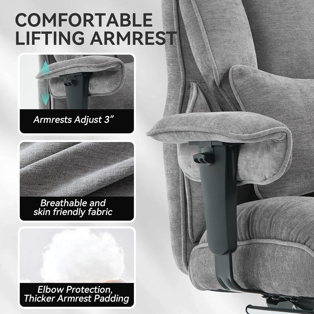 Efomao Executive Office Chair, Soft-Cushioned Computer Chair with Foot Rest, Fabric Home Office Desk Chairs, Big and Tall Office Chairs, Grey