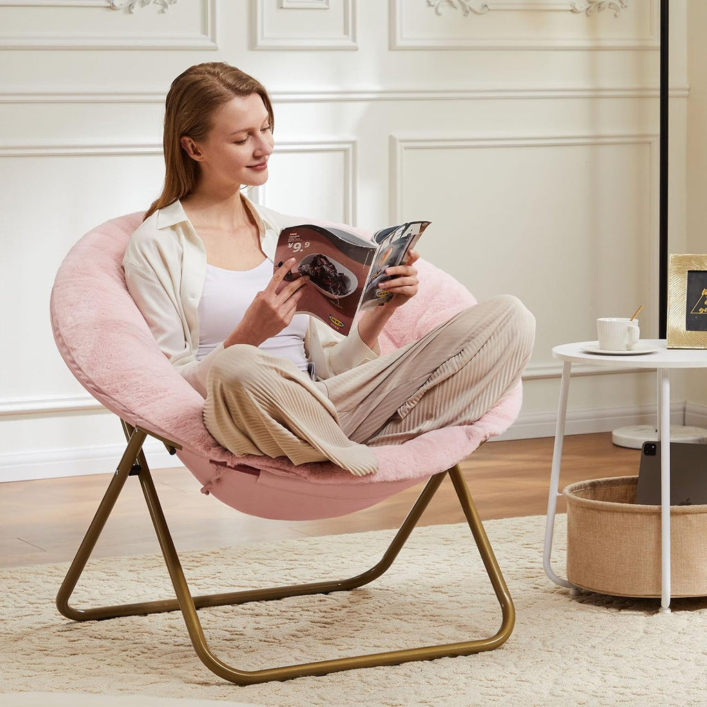 Simple Deluxe Comfy Chairs for Bedroom, Faux Fur Saucer Chair for Adults, Oversized Comfy Soft Saucer Chair, Padded Lazy Chair for Living Room Dorm Rooms, Pink