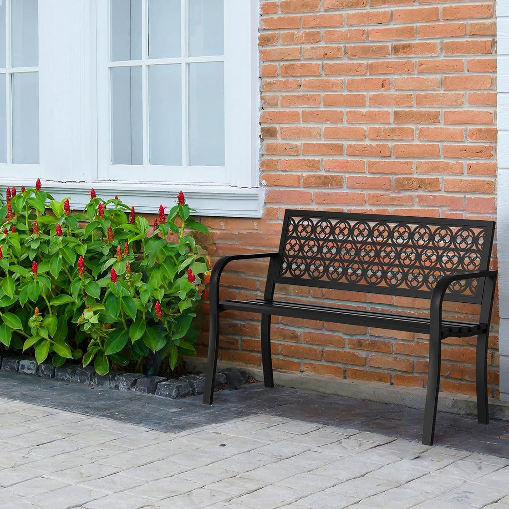 Outdoor Bench Garden Bench, 44" Anti-Rust Patio Bench Clearance, Iron Metal Frame Outdoor Benches Weatherproof for Front Porch, Yard, Lawn, Deck(Clover)