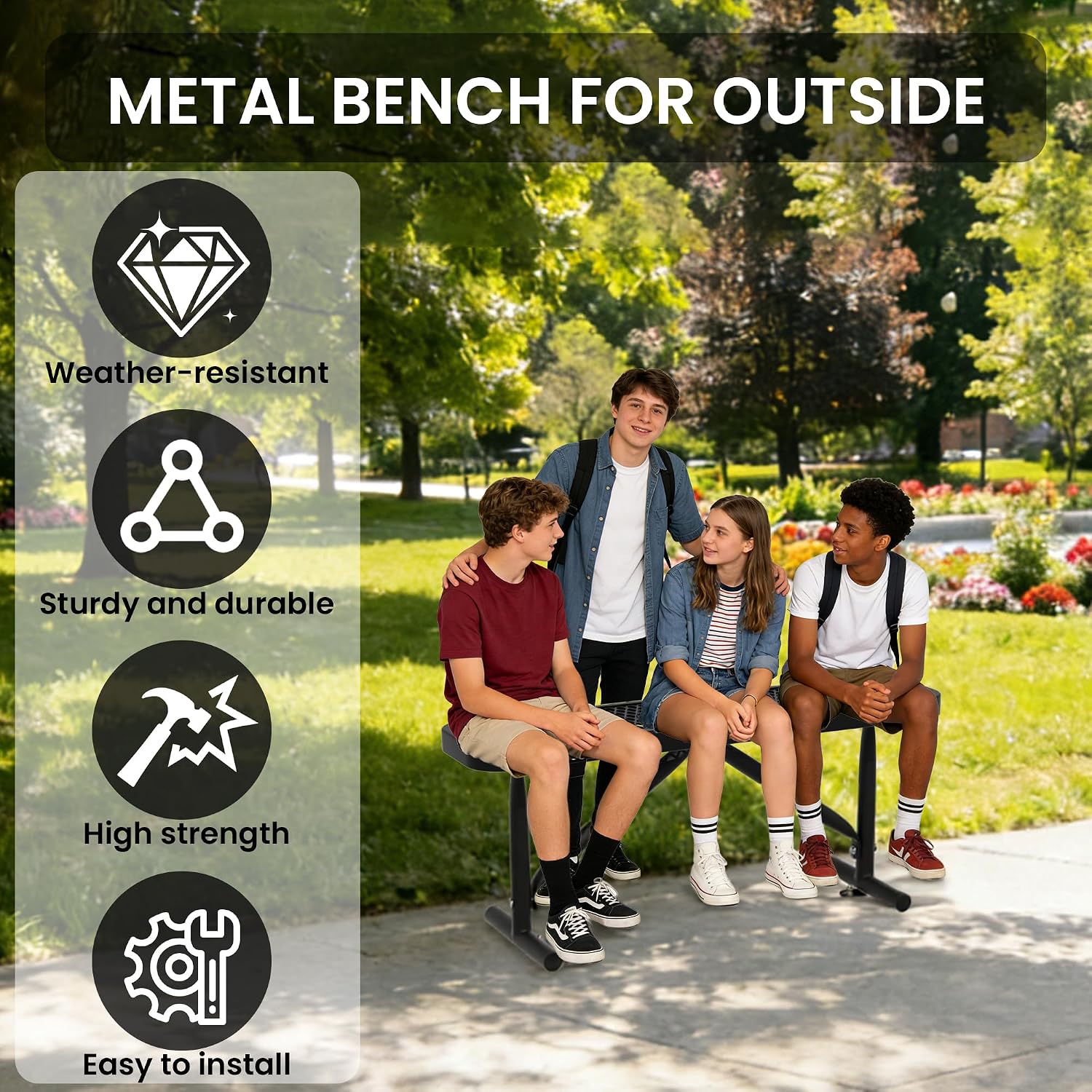 4FT Metal Park Bench for Outside, Heavy-Duty Outdoor Bench with Thermoplastic-Coated, Weatherproof Steel Mesh Bench for Parks, Gardens, Patios, Stores, Black