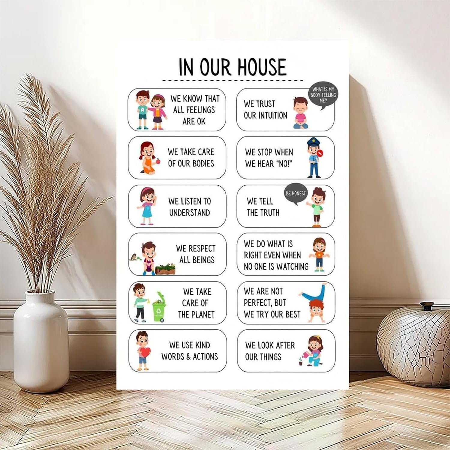 YFET Positive House Rules For Kids Family Art Wall Decor Posters Classroom Therapy Room Gifts Frame 12x18inch