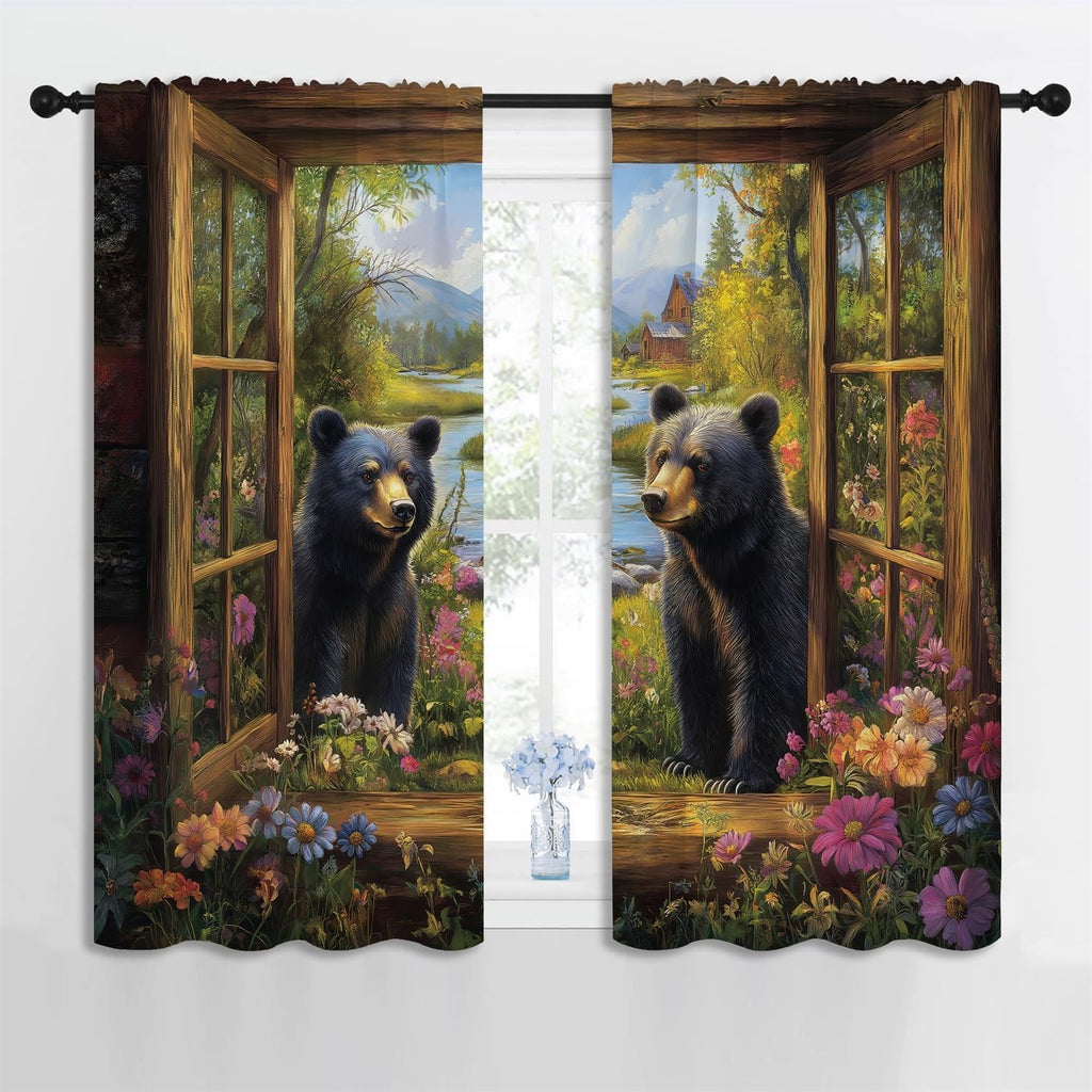 Black Bear Boy Girls Blackout Curtains,Funny Animal Country Farmhouse Floral Spring Rustic Nature Landscape, 2 Panel Rod Pocket Thermal Insulated Drapes for, Living, Kids Teen Room Deco 42x63 inch