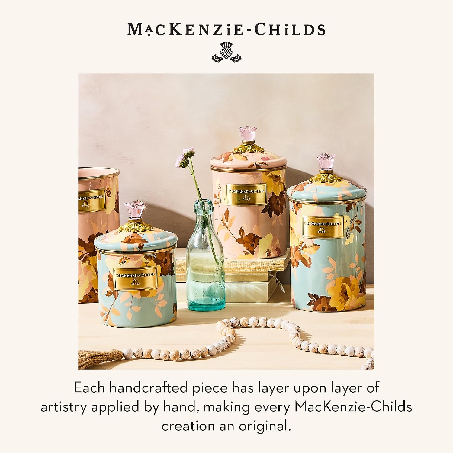 MACKENZIE-CHILDS Enamel Canister, Kitchen Storage Container with Lid, Small, 38-Ounce Capacity, Wild Rose Slate