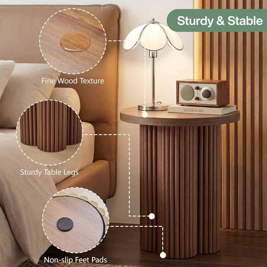 Round Fluted End Table, 17.7'' Mid Century Modern Side Table, Circle Bedside Tables Drink Table Wood Nightstand for Small Spaces, Living Room (Walnut-1PCS)