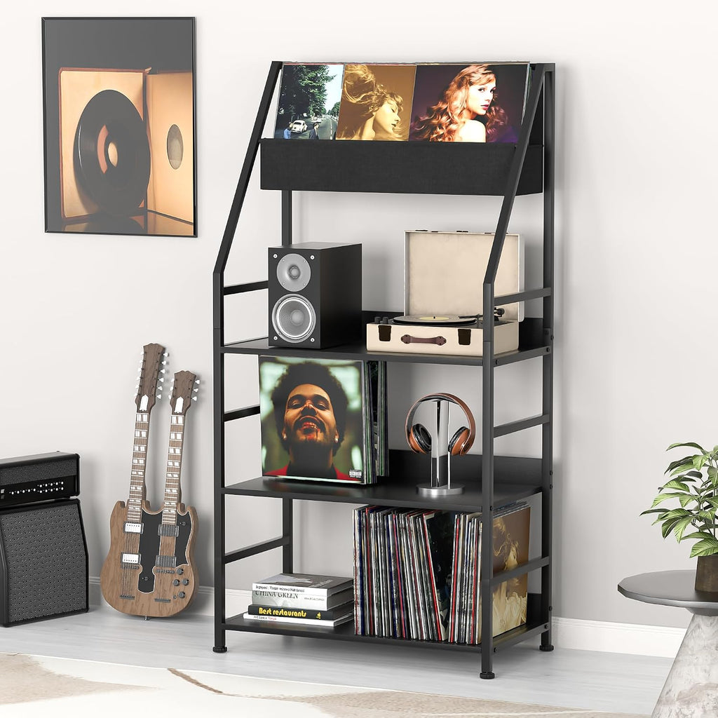 Record Player Stand Shelf for Vinyls Storage, 3 Tier Display Shelf Holds up to 400 Albums, Large Record Holder Console Table Cabinet for Living Room, Black