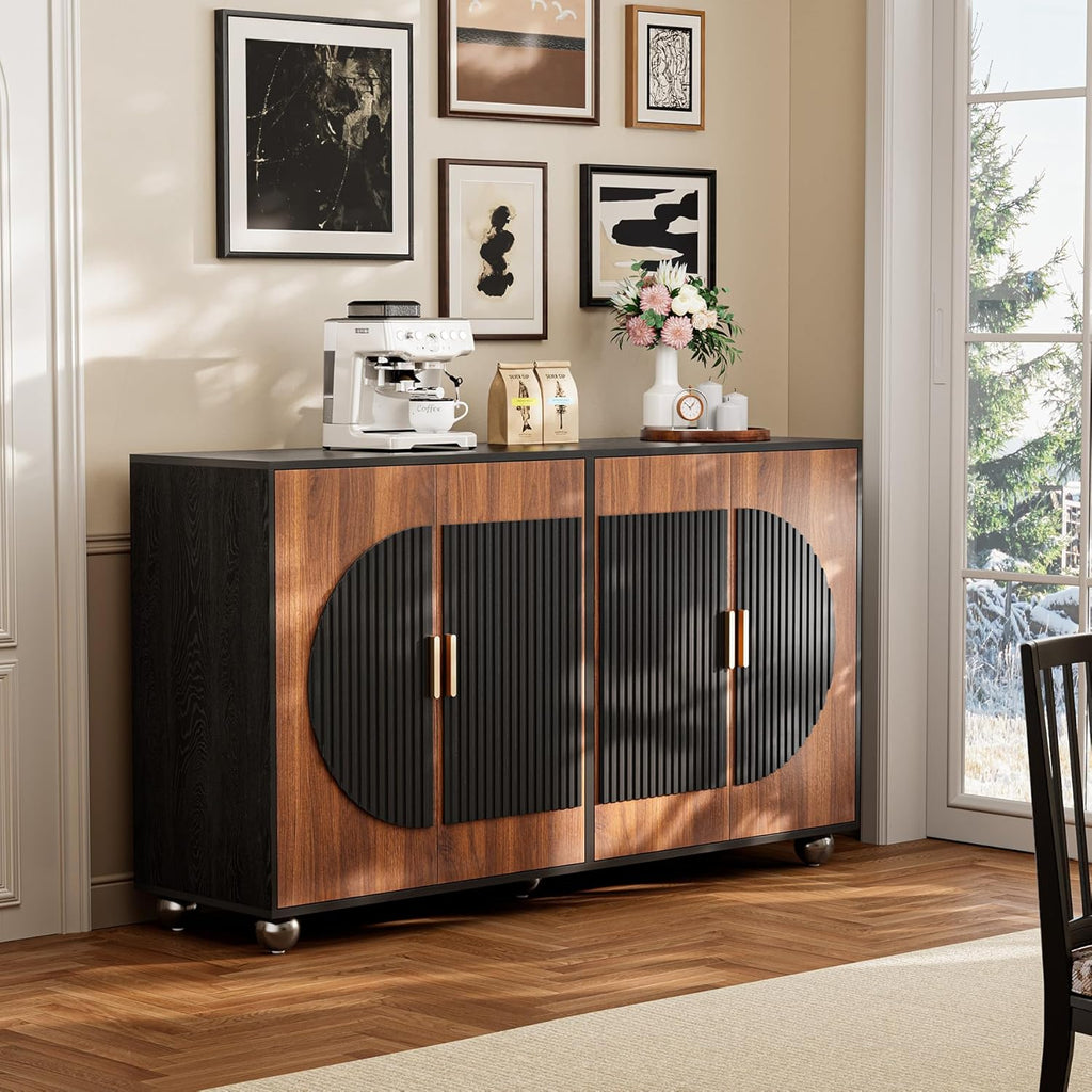 87" Fluted Modular Buffet Cabinet with Arched Doors & Gold Handles, Mid Century Modern Sideboard Credenza Storage with Adjustable Shelves, Wood Coffee Bar Console Table for Dining Living Room