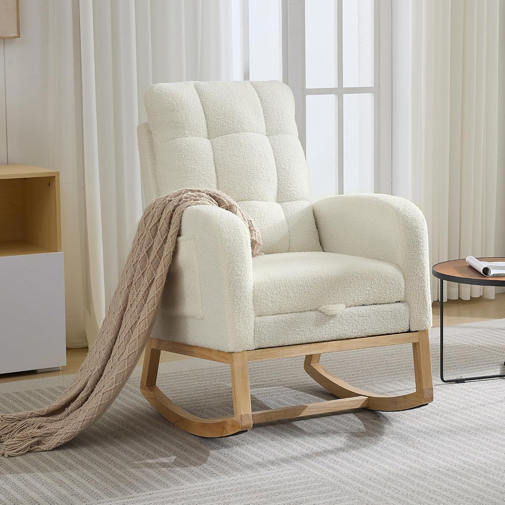Teddy Upholstered Nursery Rocking Recliner with Footrest, Mid-Century Glider Chair with High Back, Side Pocket & Wood Legs for Bedroom, Living Room or Nursing Room, Teddy Beige