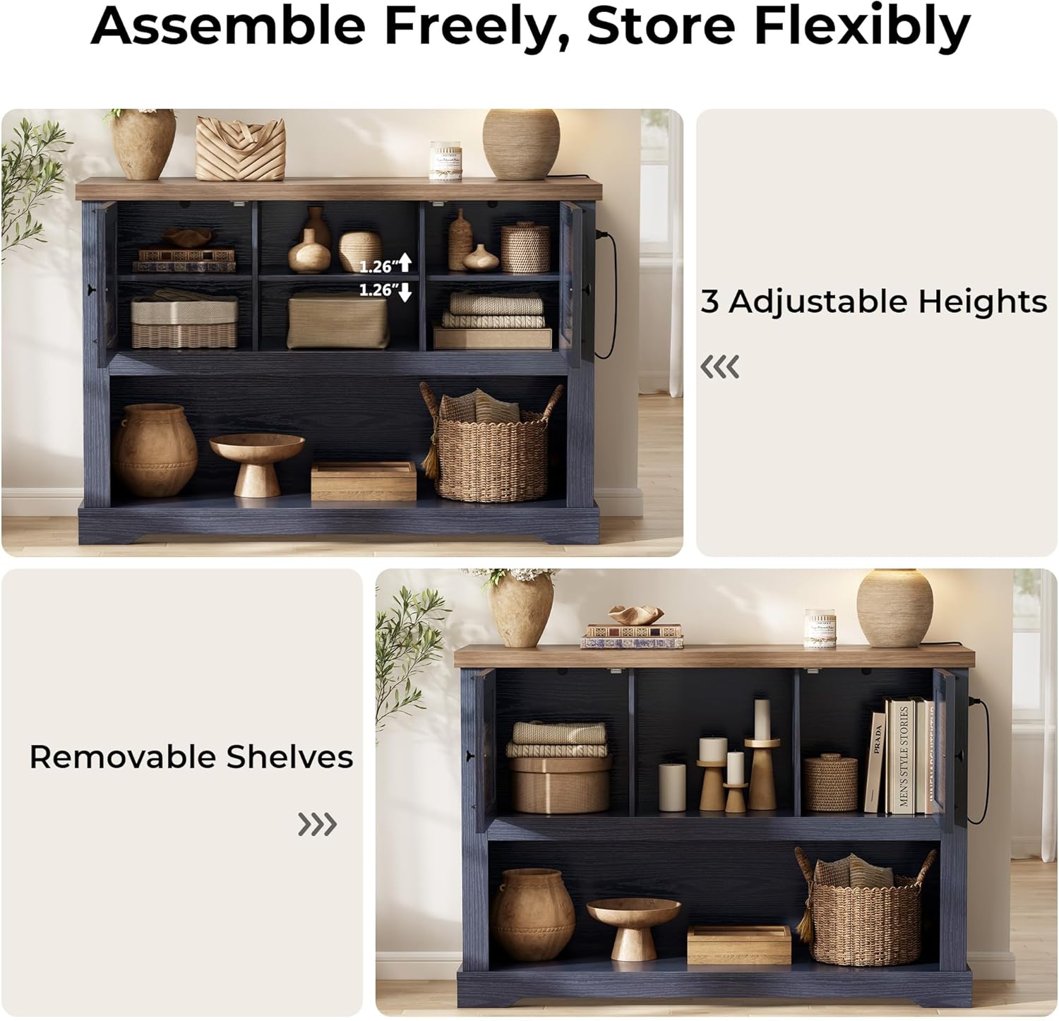 LIKIMIO Farmhouse Entryway Table with Power Outlets, 47.2" Rattan Console Table with Adjustable Storage Shelves & Rattan Doors Cabinet, Sofa Table for Entry, Living Room, Hallway, Foyer, Blue
