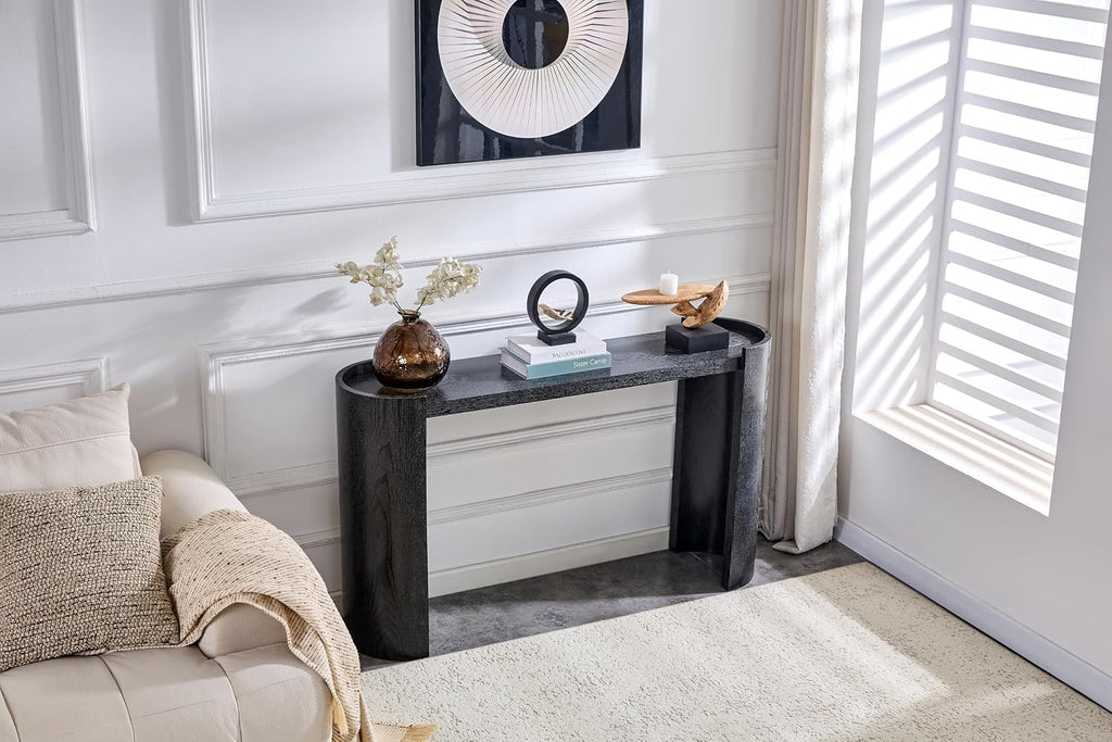 Black Curved Foyer Table Black Wood Grain Entrance Small Space Living Room Sofa Side Table