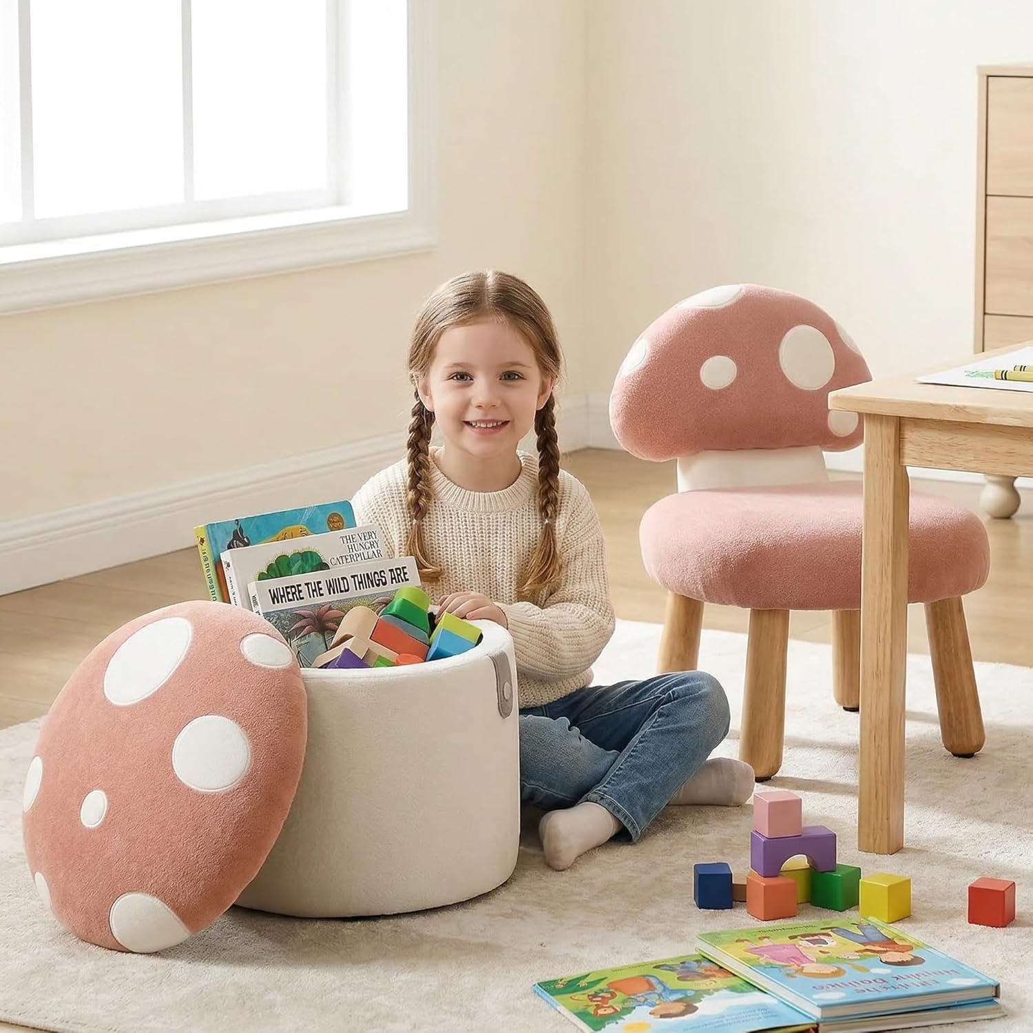 Mushroom Toddler Chair Comfy Chenille Kids Reading Chairs, Wooden Children Stool, No Assembly Kid Desk Chair, Cute Storage Ottoman for Kids Bedroom Furniture/Playroom/Boys Girls Gifts, Pink