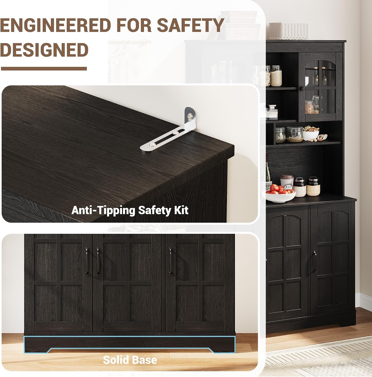 Spacious Storage & Modern Design Pantry Cabinet with Hutch – 70.9'' Tall Kitchen Cabinet – Glass Doors, Built-in Charging Station – Ideal for Dining Room – Black Color