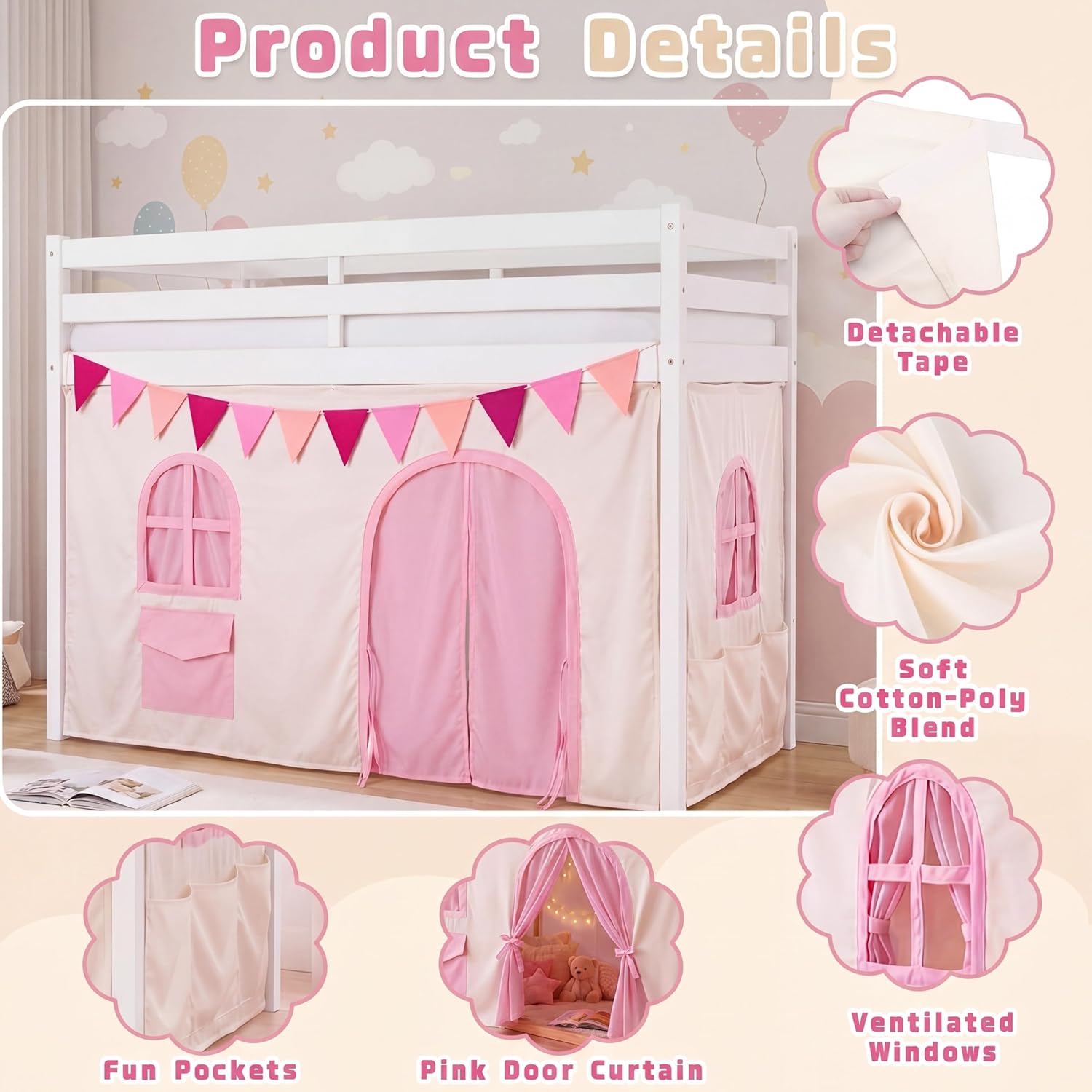 Breling 3 Panel Bunk Bed Curtains for Bottom Loft Bed Tent Set with Felt Flag Double-Layer Twin Bunk Curtains Playhouse Accessories for Boy Girl Bedroom(Beige,Magical)
