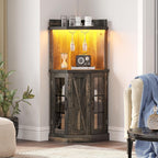 DWVO 53" Corner Bar Cabinet, Farmhouse Wine Cabinet with Glass Holder & LED Lights, 4-Tiers Liquor Bar with Glass Door & Shelves for Home Kitchen, Living Dining Room, Dark Rustic Oak