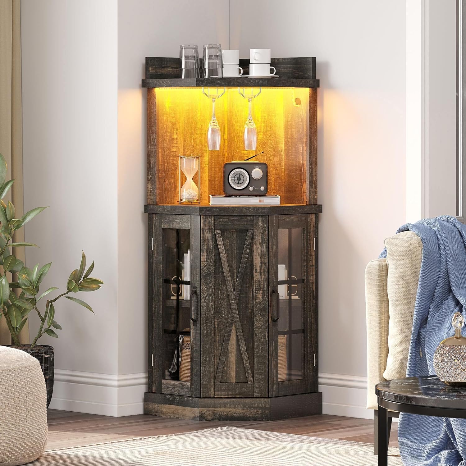 DWVO 53" Corner Bar Cabinet, Farmhouse Wine Cabinet with Glass Holder & LED Lights, 4-Tiers Liquor Bar with Glass Door & Shelves for Home Kitchen, Living Dining Room, Dark Rustic Oak