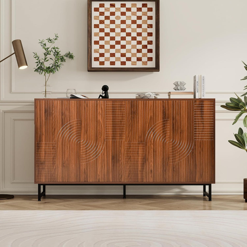 Mid-Century Modern Walnut Sideboard Buffet Cabinet, 59*16*33 inches Geometric Carved Storage Cabinet with Metal Legs, Coffee Bar Entryway Console Table Storage for Dinning Room, Living Room
