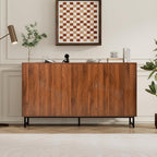 Mid-Century Modern Walnut Sideboard Buffet Cabinet, 59*16*33 inches Geometric Carved Storage Cabinet with Metal Legs, Coffee Bar Entryway Console Table Storage for Dinning Room, Living Room